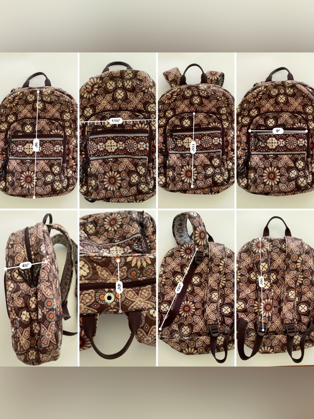 Vera Bradley Canyon Campus Backpack Retired Brown Floral Quilted Travel School - Picture 16 of 16